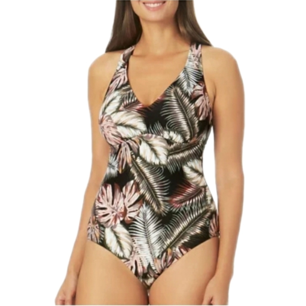 NWT Hurley Womens M Scattered Palm Criss Cross Back One Pc Bathing Suit